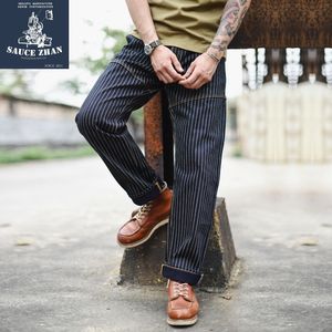 SauceZhan Indigo Wabash Stripe Work Overalls Selvedge Raw Denim Hommes jeans Marque 201111