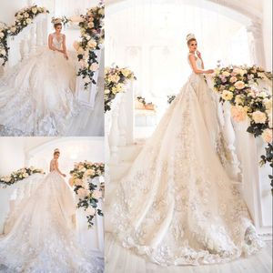Saoedi-Arabië 3D floral appliques trouwjurken kralen juweel hals kant applique bruidsjurk Dubai prinses fancy tule lange trouwjurk
