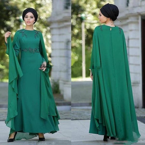 Arabie Saoudite Cap Style Robes De Bal Vert En Mousseline De Soie Perlée Manches Longues Robes De Soirée Etage Longueur Femmes Robe De Soirée Formelle 2019