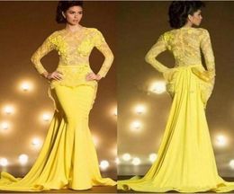 Arabie Saoudite Dubaï Sirène Robes De Soirée Sexy Jaune Formelle Robes De Bal Caftan Dentelle À Manches Longues robe de soirée 1184384