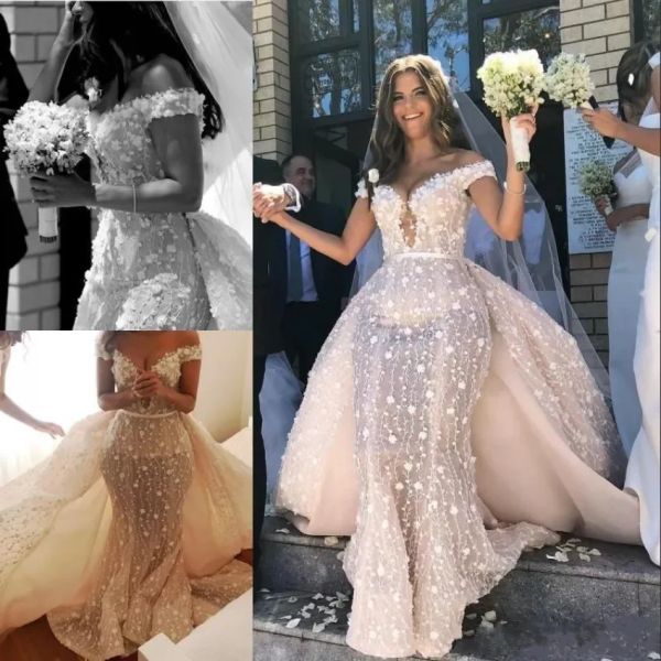 Arabie Saoudite Pleine Dentelle Robe De Mariée Sirène Avec Train Détachable Sexy De L'épaule 3D Floral Robes De Mariée Charmante Longue Robe De