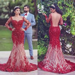 Saoedi-Arabië glamoureuze 2018 prom jurk sheer juweel nek pailletten kralen bloemen-applique avondjurk luxe zeemeermin feestjurk gewaden de soir