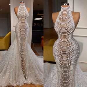 Vestido de novia de sirena de alta costura de Arabia Saudita, ilusión completa, perlas brillantes, vestidos de novia con cuentas, novia, princesa, celebridad