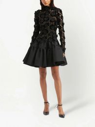 Arabie saoudite col haut manches longues robes de bal florales Aline noir 3D dentelle robe de soirée dos ouvert Cocktail 240227