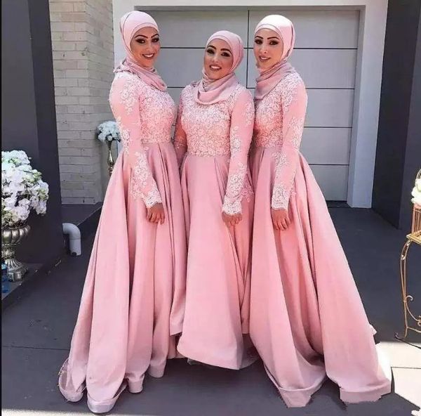Arabie Saoudite Robes de demoiselle d'honneur rose col haut appliqué à manches longues robe de soirée musulmane dentelle A-ligne robes de soirée longue tenue de bal formelle
