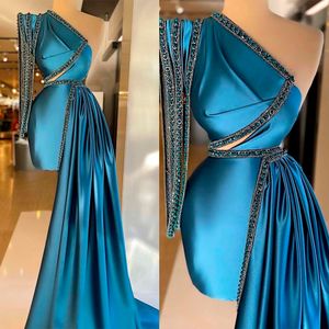Arabie saoudite robe de bal froncé Satin sirène volants une épaule robe à manches longues pour dubaï femmes robe de soirée