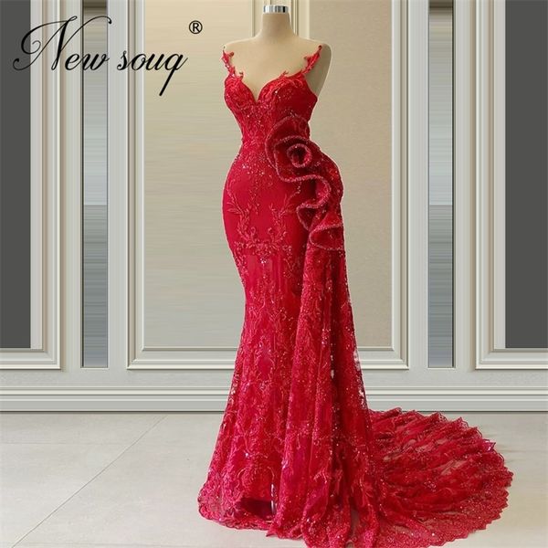 Arabie saoudite rouge robe de soirée sirène balayage train robe Dubaï Couture perlée rouge capret robe 2020 turc robe longue robes de bal LJ201123
