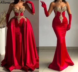 Saoedi -Arabië rode zeemeermin avondjurken met afneembare rok gouden kanten appliques kralen prom feestjurken plus size vrouwen tweede receptie formele jurk cl1544