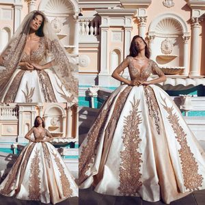 Saoedi-Arabië Glanzende Gouden Trouwjurken Kant Pailletten Lange Mouw Baljurk Dubai Bruidsjurken Kapel Plus Size Robe de Mariée