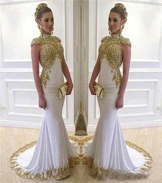 Arabie saoudite Vestido Gold Appliques Perles Sirène brillante Robes de soirée High Neck Cap