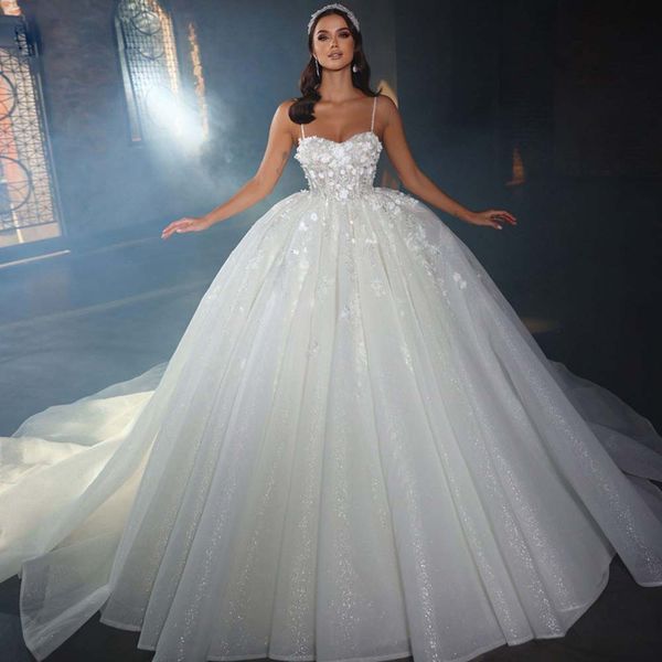 Arabie Saoudite Robe De Mariée Bretelles Spaghetti Glitter Tulle Robes De Mariée Robe De Mariee 3D Fleurs Robes De Bal De Mariage