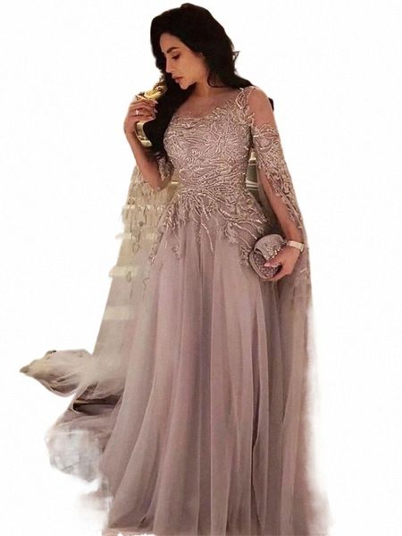 Arabie Saoudite Femmes Célébrité Tapis Rouge Dres Sheer Ras Du Cou Bal Dr Dentelle Applique Lg Manches Tulle Robes De Soirée D2Vk #