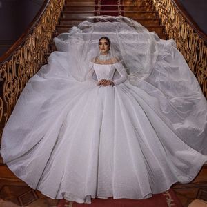 Saoedi-Arabische glinsterende baljurk Trouwjurken met sluierpailletten Kralen Robe de Mariage Vintage Vestido de Novia 2022