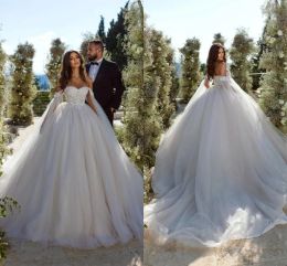 Vestidos de novia de encaje gorgous de árabe saudita las apliques de hombro hinchados vestidos de novia largos longos túnicas de maternidad talla grande