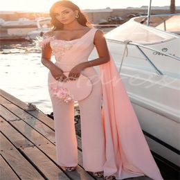 Combinaison arabe saoudienne robe de mariée rose avec manches Cape plume élégante robe de mariée Boho civile Paskistani pantalon de mariée robes De Novia 2024 Boda Para