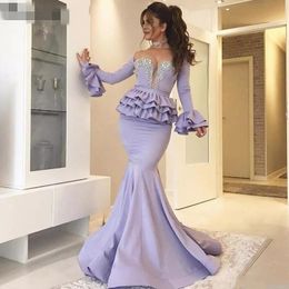 Saoedi-Arabische Moslim Purple Beaded Lange Mouwen Avondjurk 2020 Off The Shoulder Sweetheart Mermaid Prom Dresses Abiye Gece Elbisesi