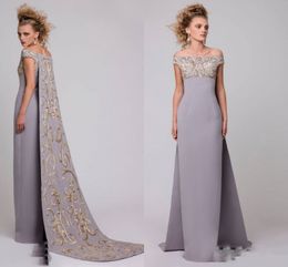 Arabe saoudien d'épaule robes de soirée avec longue traîne brodée gris gaine de satin robes de bal Cape Style robe de soirée formelle Vestidos