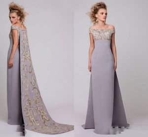 Saoedi-Arabische van de schouderavondjurken met geborduurde lange trein grijze satijnschede prom dresses cape-stijl formele feestjurk vestidos