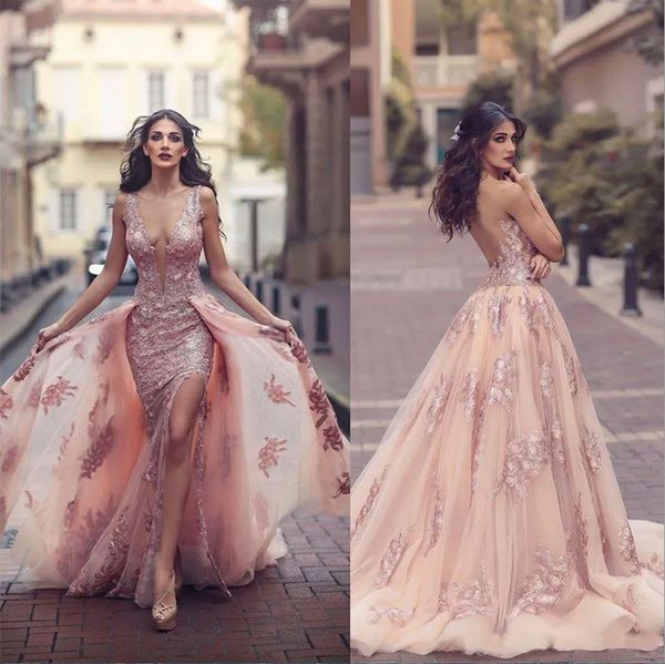 Saudi Árabe Over Skirt Mermaid Vestidos de noche 2024 Apliques de cuello V sin espalda de alta calidad con Capas Largas Prom Party Fiest Vestidos divididos