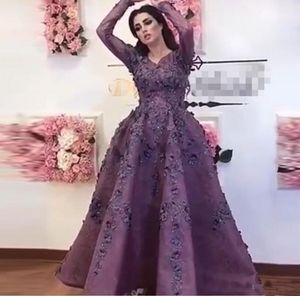 Saoedi-Arabische Paars 3D Bloem Avondjurken met Volledige Mouwen Kant Floral Prom Jurken Enkellengte Feestjurk Vestido