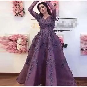 Saoedi -Arabisch paarse 3D bloemavondjurken met volle mouwen kanten bloemen prom -jurken enkel lengte feestjurk Vestido 0521
