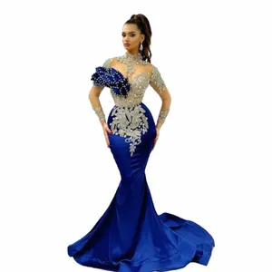 Arabia Saudita Vestidos de fiesta azul real Apliques Vestidos de noche 2024 Cristales Satén LG Sirena Illusi Formal Occassi Dr L1AM #