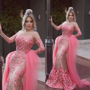 Saoedische Arabische Watermeloen Avondjurken Lange Mouwen Illusie Hals 3D Applicaties Mermaid Avondjurken met Afneembare Trein Tulle Jurk