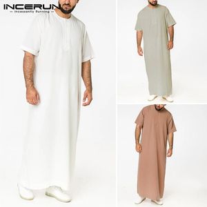 Saudi Stijl Rits Jubba Thobe INCERUN Mannen Effen Kleur Gewaden Man Vintage Korte Mouw O Hals Moslim Arabische Islamitische Kleding s-5XL