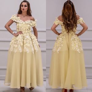 Saoedische stijlvolle chiffon prom dresses 3D-floral applique off schouder mouwloze vestidos de fiesta sexy enkel lengte feestjurk avondjurk