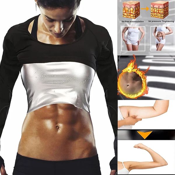 Sauna costume pour les femmes à manches longues chemises Sweat Sauna Top Workout Fitness SAUNA ARRAPE SHAPER PERDE PERDE PIEUR THAPPAY POLYMER Silver 240418