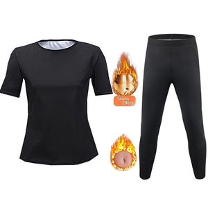 Sauna Sweat Suits for Women Weight Loss Fitness Gym Exercise Short Sleeve T Shirt Pants Full Body Tracksuit Workout 211220