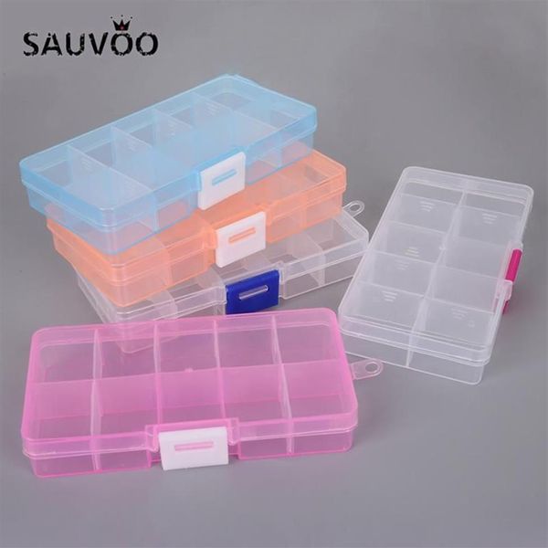 SAUVOO-caja de almacenamiento de plástico transparente rectangular ajustable, 10 y 15 rejillas, para herramientas de joyería pequeñas, cajas organizadoras de componentes, 304V