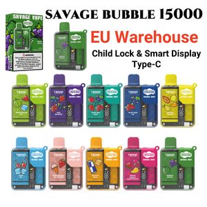 Savage Bubble 15000 vapes bouffée jetable 15k stylo vape entrepôt de l'UE en stock Pods de vape bouffée de cigarette électronique 28 ml de saveur de jus bobine de maille verrouillage enfant affichage intelligent intégré