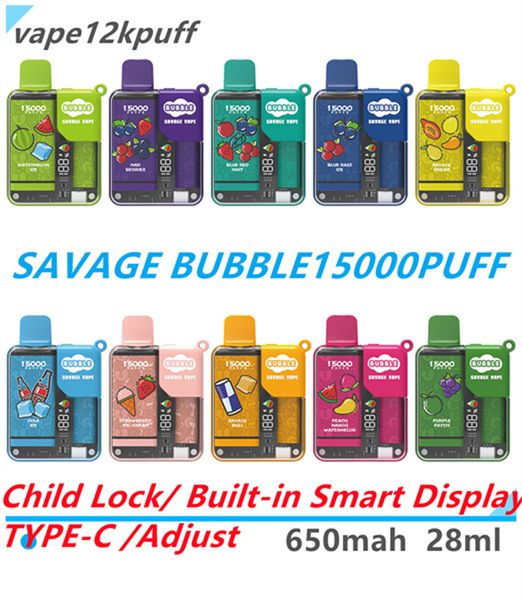 SAVAGE BUBBLE 15kpuff vapesétui à cigarettes électronique jetable avec une capacité de charge de 650mAhaffichage intelligent du vapoteur et puissance réglable avec sécurité enfant