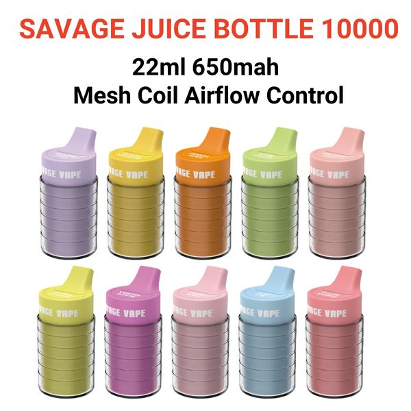 Savage Vape Juice Bottle 10000 vapes barre feuilletée jetable 22ml 650mah 10000 bouffée vape en vrac contrôle du flux d'air bobine de maille rechargeable 2% 3% 5% cigarette jetable Chine