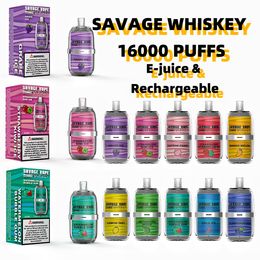 Savage vape Whiskey 16000 bladerdeeg wegwerp vape-pen 10 smaken 26 ml 5% 650 mah Mesh Coil 6 kleuren LGB Licht Type-C Oplaadbare Poco Vape versus 12000 bladerdeeg 15000 Randm Tornado