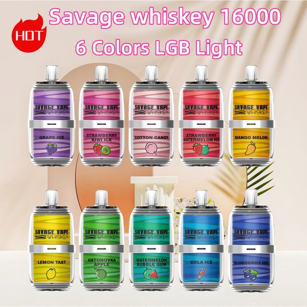Savage Whisky 16000 Entrepôt de bouffée vape jetable en Allemagne E Cigarette 6 couleurs LGB LUMIÈRE TYPE-C 26ML JUI PRÉFULTE