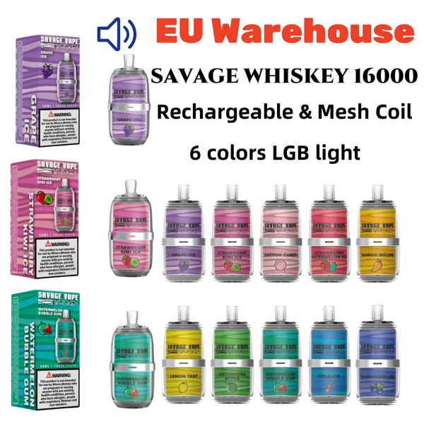 Savage Whiskey 16000 bouffées EU Warehouse vapes jetables 26 ml 650 mah 6 couleurs LGB saveur de jus léger stylo vape cristal vs mrvi bar vozol 15k bouffée