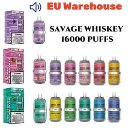 savage Whiskey 16000 vapes wegwerpbladerdeeg EU-magazijn 26 ml E-vloeistof 10 smaken 650mAh batterij Oplaadbare mesh-spoel 6 kleuren LGB licht Type-C vs vape15k bladerdeeg 20k