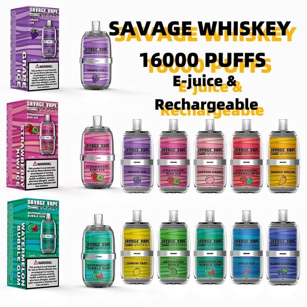 Savage Whiskey vapes 16000 Puff 16k 26ml Vape jetable Usine Chine 650mAh Batterie rechargeable Bobine de maille vs barre razz poco vape tornado 12k 12000 10k 10000 Puffs