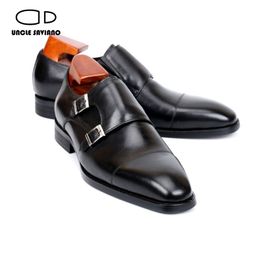 Saviano Double Monk Oncle Stracles Office Business Business Fashion Geatin Le cuir authentique Fabriqué à la main pour hommes Designer 9851