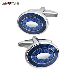 Boutons de manchette SAVOYSHI Classic Bussiness pour chemise pour homme Boutons de manchette en émail bleu ovale de haute qualité Cadeau spécial Nom de gravure gratuit