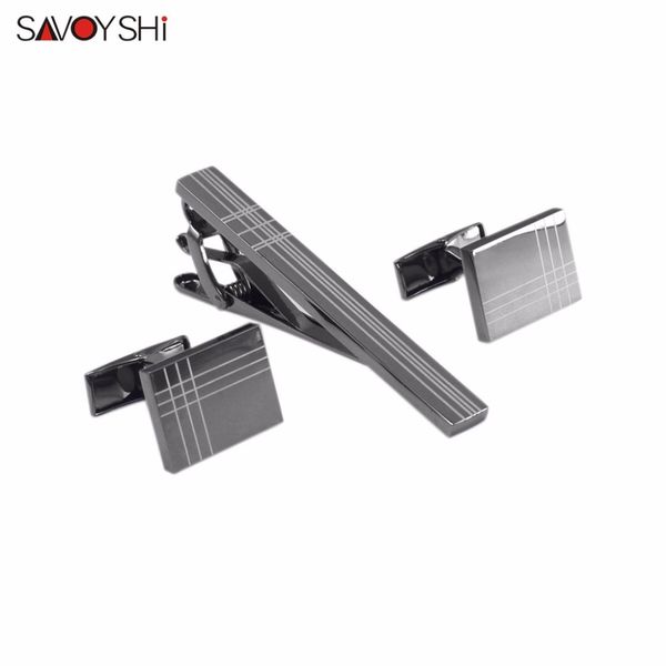 SAVOYSHI Classic Square Black Laser Stripe Bussiness Mens Gemelos Clips Set Corbata de alta calidad Pin Tie Bars Clip Broche