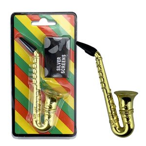 Pipas para fumar de metal estilo saxofón, hierba seca, tabaco, saxofón portátil para humo de mano con dispositivo de malla de pantalla de filtro