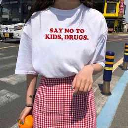 Dites non aux médicaments pour enfants T-shirt drôle Femmes Coton Harajuku Tshirt Femmes Shrot Sleeve Lâche Camiseta Mujer Black Tee Shirt Femme 210406