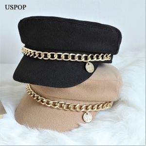sboy Caps Mode Casquette militaire Casquettes à visière plate Baker Boy Hat avec chaîne 220507