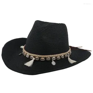 Sombreros Sboy con borlas de concha, sombrero de verano de vaquera, sombrero de paja para mujeres, hombres, vaquero occidental, gorra de playa tejida a la moda para mujer