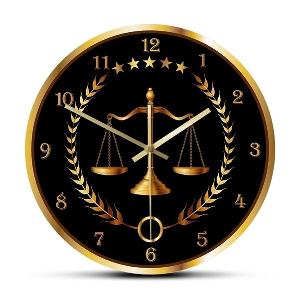 Escala de justicia Reloj moderno Reloj sin tictac Abogado Oficina Decoración Firma Arte Juez Ley Colgante Reloj de pared 201212