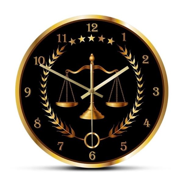 Reloj moderno a escala de la justicia, reloj sin tic-tac, decoración de oficina de abogado, reloj de pared colgante de ley de arte firme LJ201211200G