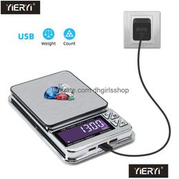 Weegschalen Hoge Precisie Sieraden Schaal 1000G/600G/200Gx0.01G Digitale LCD Count Elektronische Roestvrij Pocket Keuken USB Charge Drop Delive Dhxei